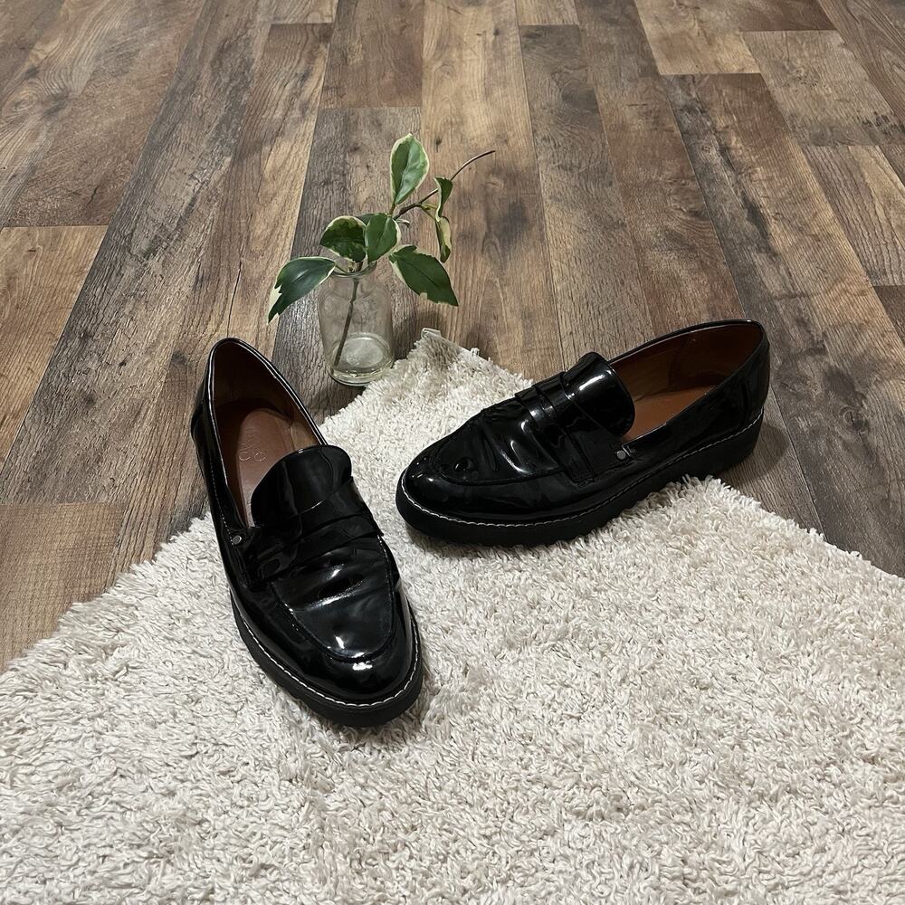 Franco Sarto Size 10 M Black Patent Leather Cassandra Platform Penny Loafers